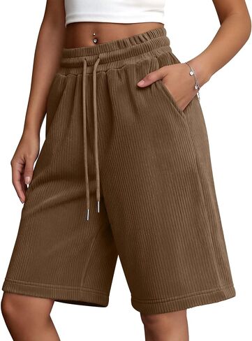 Women's Bermuda Shorts Wide Leg Drawstring Casual Baggy Summer Knee Length Oversized Corduroy Shorts with Pockets in Kuwait