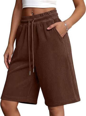 Women's Bermuda Shorts Wide Leg Drawstring Casual Baggy Summer Knee Length Oversized Corduroy Shorts with Pockets in Kuwait