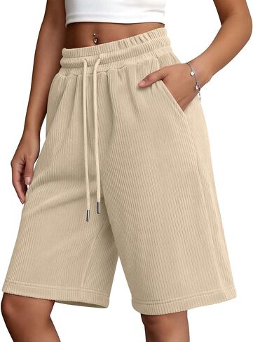 Women's Bermuda Shorts Wide Leg Drawstring Casual Baggy Summer Knee Length Oversized Corduroy Shorts with Pockets in Kuwait