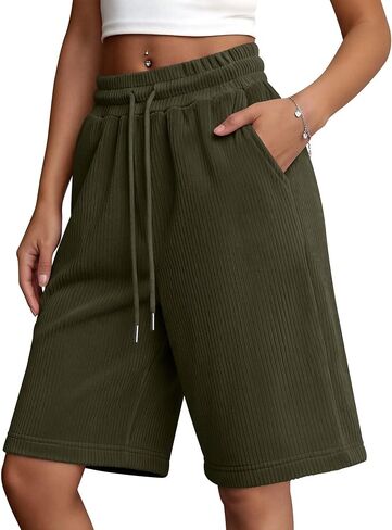 Women's Bermuda Shorts Wide Leg Drawstring Casual Baggy Summer Knee Length Oversized Corduroy Shorts with Pockets in Kuwait