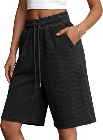 Women's Bermuda Shorts Wide Leg Drawstring Casual Baggy Summer Knee Length Oversized Corduroy Shorts with Pockets in Kuwait