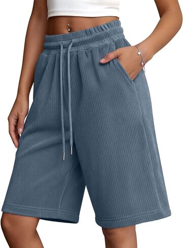 Women's Bermuda Shorts Wide Leg Drawstring Casual Baggy Summer Knee Length Oversized Corduroy Shorts with Pockets in Kuwait