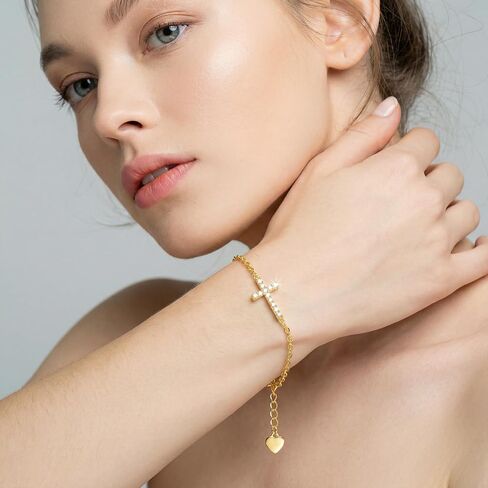 Gold Bracelet 14K Gold Bracelets for Women Gold Cross Bracelet for Women Sparkling Sideways Cross with Cubic Zirconia Crosses Bracelet for Womens in Saudi Arabia