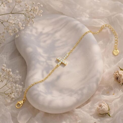 Gold Bracelet 14K Gold Bracelets for Women Gold Cross Bracelet for Women Sparkling Sideways Cross with Cubic Zirconia Crosses Bracelet for Womens in Saudi Arabia