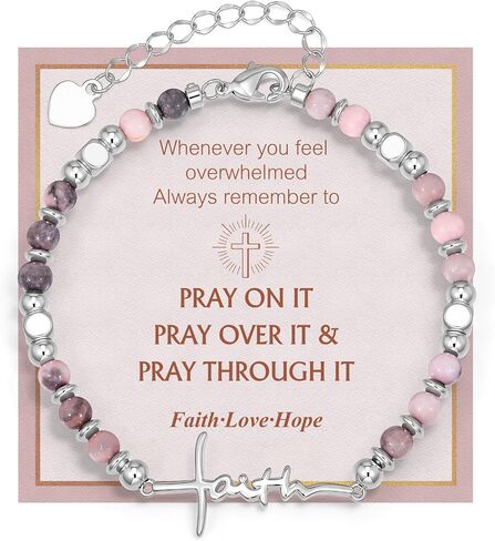 Faith Cross Bracelet for Women, Christian Inspirational Natural Stone Beaded Bracelet with Faith Words, Religious Jewelry Gift for Mother's Day Birthday Blessing Present for Mom Wife Grandma in Saudi Arabia