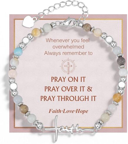 Faith Cross Bracelet for Women, Christian Inspirational Natural Stone Beaded Bracelet with Faith Words, Religious Jewelry Gift for Mother's Day Birthday Blessing Present for Mom Wife Grandma in Saudi Arabia