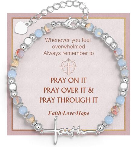 Faith Cross Bracelet for Women, Christian Inspirational Natural Stone Beaded Bracelet with Faith Words, Religious Jewelry Gift for Mother's Day Birthday Blessing Present for Mom Wife Grandma in Saudi Arabia