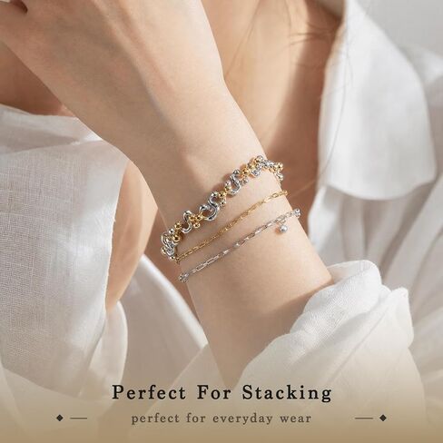 Two Tone Gold and Silver Bracelets for Women, Adjustable Toggle Bracelet with OT Clasp, 18K Gold Plated Chunky Cuban Link Chain Bracelets, Ideal Gift for Anniversary, Party, Birthday in Kuwait