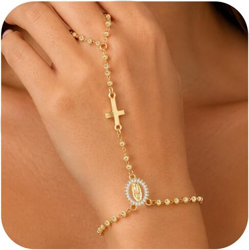 Gold Rosary Hand Chain Bracelet - 14K Gold Plated Virgin Mary Cross Ring Bracelets,Dainty Non Tarnish Golden Hand Chains Rosarios Catolicos Jewelry,Religious Rosary Beads Hand Bracelet Gift for Women in Kuwait