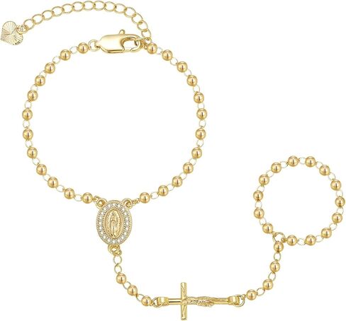 Gold Rosary Hand Chain Bracelet - 14K Gold Plated Virgin Mary Cross Ring Bracelets,Dainty Non Tarnish Golden Hand Chains Rosarios Catolicos Jewelry,Religious Rosary Beads Hand Bracelet Gift for Women in Kuwait
