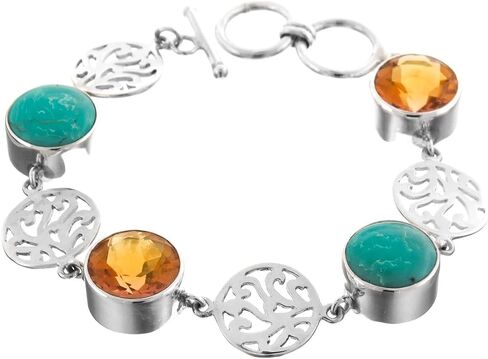 Big Turquoise And Citrine Stones Filigree 925 Sterling Silver Bracelet, 7"- 8" p67844 in Saudi Arabia