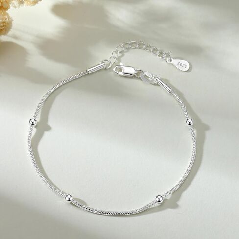 925 Sterling Silver Bracelet - Snake Chain Bracelet With Ball Beads Delicate Gift for Women Wife, Size: 6.5 7 7.5 8 Inches in Saudi Arabia