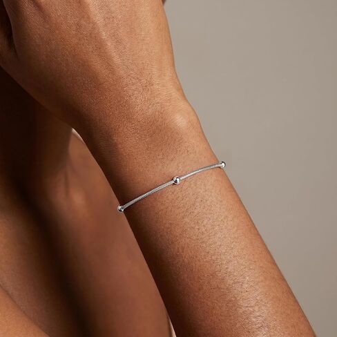 925 Sterling Silver Bracelet - Snake Chain Bracelet With Ball Beads Delicate Gift for Women Wife, Size: 6.5 7 7.5 8 Inches in Saudi Arabia