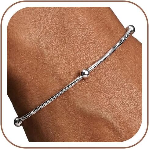 925 Sterling Silver Bracelet - Snake Chain Bracelet With Ball Beads Delicate Gift for Women Wife, Size: 6.5 7 7.5 8 Inches in Saudi Arabia