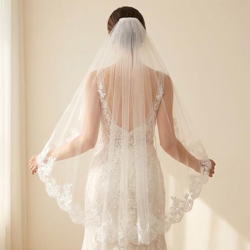 cobee 1 Tier Lace Appliques Bridal Veil,90cm White Lace Veil with Comb Bridals Wedding Veils Floral Edge Bridal for Wedding, Bachelorette Party, Brides Shower in Kuwait