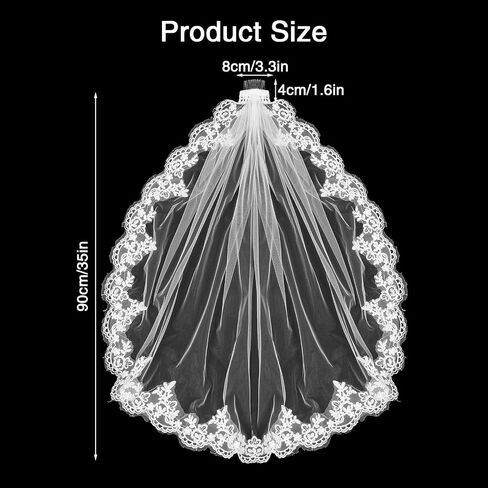 cobee 1 Tier Lace Appliques Bridal Veil,90cm White Lace Veil with Comb Bridals Wedding Veils Floral Edge Bridal for Wedding, Bachelorette Party, Brides Shower in Kuwait