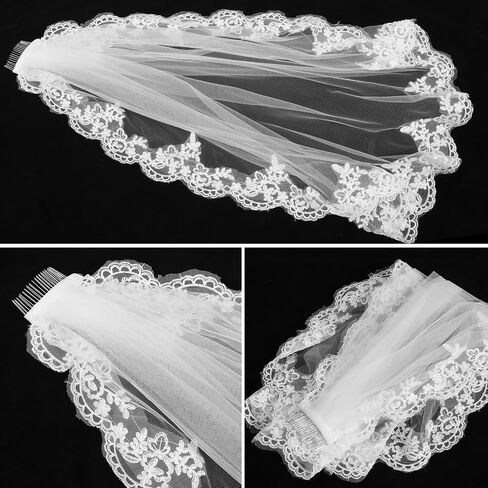 cobee 1 Tier Lace Appliques Bridal Veil,90cm White Lace Veil with Comb Bridals Wedding Veils Floral Edge Bridal for Wedding, Bachelorette Party, Brides Shower in Kuwait