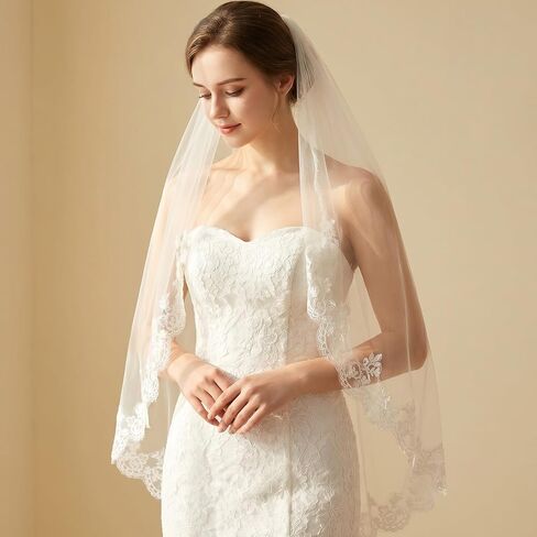 cobee 1 Tier Lace Appliques Bridal Veil,90cm White Lace Veil with Comb Bridals Wedding Veils Floral Edge Bridal for Wedding, Bachelorette Party, Brides Shower in Kuwait