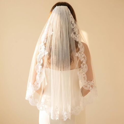 cobee 1 Tier Lace Appliques Bridal Veil,90cm White Lace Veil with Comb Bridals Wedding Veils Floral Edge Bridal for Wedding, Bachelorette Party, Brides Shower in Kuwait