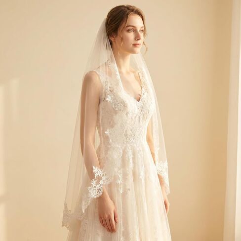 cobee 1 Tier Lace Appliques Bridal Veil,90cm White Lace Veil with Comb Bridals Wedding Veils Floral Edge Bridal for Wedding, Bachelorette Party, Brides Shower in Kuwait