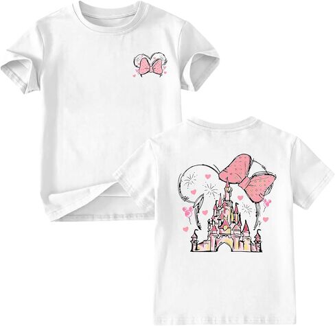 Bow Shirt for Girls Graphic Tshirt Kids Cute Castle Outfit Holiday Family Vacation Shirts Summer Tees Cotton Tops in Saudi Arabia