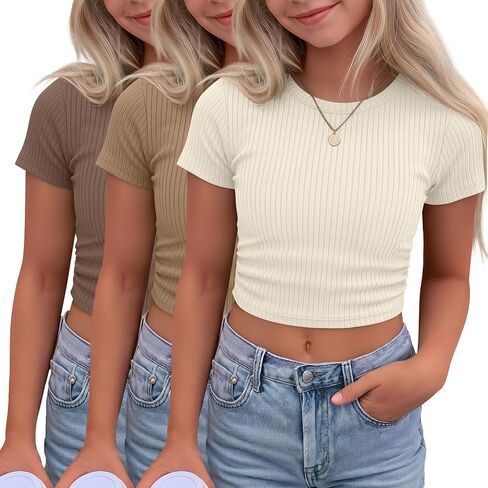 3 Pack Girls' Crop Tops Short Sleeve Teen Ribbed Crew Neck T Shirts Kids Fitted Side Ruched Summer Casual Tees 5-16y in Saudi Arabia