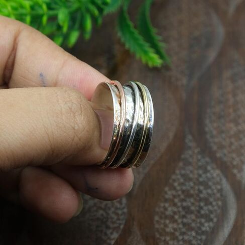 خاتم مطروق من الفضة الإسترليني عيار 925 للرجال والنساء، سوار معدني مختلط من الفضة والنحاس، خاتم تململ مصنوع يدويًا للتأمل، مجوهرات واسعة وبسيطة in Kuwait