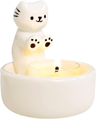 Cat Candle Holder, Cartoon Kitten Warming Paws Tealight Holder, Cute Cat Couple Cat Ceramic Scented Candle Holder Candlestick Home Decoration for Cat Lover (CCH-Single), White in Saudi Arabia