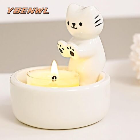 Cat Candle Holder, Cartoon Kitten Warming Paws Tealight Holder, Cute Cat Couple Cat Ceramic Scented Candle Holder Candlestick Home Decoration for Cat Lover (CCH-Single), White in Saudi Arabia