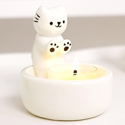 Cat Candle Holder, Cartoon Kitten Warming Paws Tealight Holder, Cute Cat Couple Cat Ceramic Scented Candle Holder Candlestick Home Decoration for Cat Lover (CCH-Single), White in Saudi Arabia