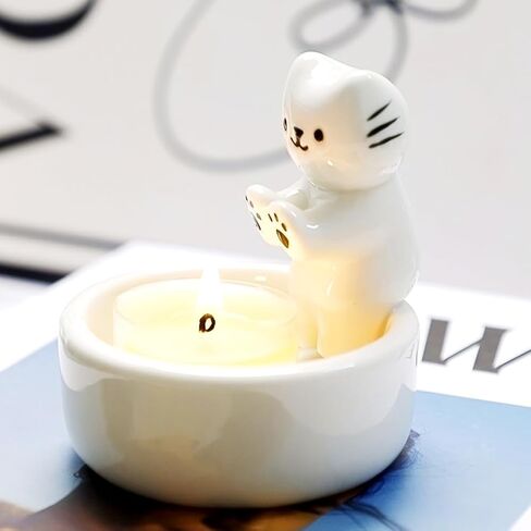 Cat Candle Holder, Cartoon Kitten Warming Paws Tealight Holder, Cute Cat Couple Cat Ceramic Scented Candle Holder Candlestick Home Decoration for Cat Lover (CCH-Single), White in Saudi Arabia