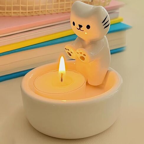 Cat Candle Holder, Cartoon Kitten Warming Paws Tealight Holder, Cute Cat Couple Cat Ceramic Scented Candle Holder Candlestick Home Decoration for Cat Lover (CCH-Single), White in Saudi Arabia