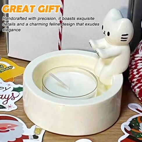 Cat Candle Holder, Cartoon Kitten Warming Paws Tealight Holder, Cute Cat Couple Cat Ceramic Scented Candle Holder Candlestick Home Decoration for Cat Lover (CCH-Single), White in Saudi Arabia