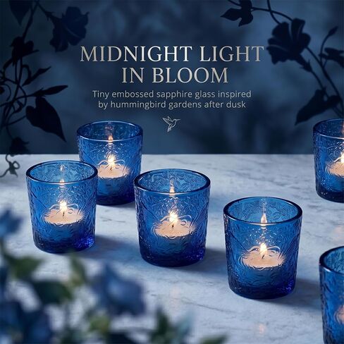 12 Pack Hummingbird Embossed Glass Candle Holders – Votive Tealight Holders with Patent Design, Decorative Embossed Glass Cups for Wedding Centerpieces, Parties, and Home Décor (Ocean Blue) in Saudi Arabia