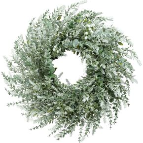 26'' Eucalyptus Wreath for Front Door - Artificial Eucalyptus and White Seeds Greenery with Babys Breath Flowers Outdoor Wreath for Wedding Farmhouse Porch Wall Room Home Decor (White-Green) in Saudi Arabia