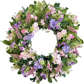 24 Inch Spring Summer Wreaths for Front Door, Purple Pink Hydrangea Wreath with Wildflowers Purple Forsythia, Artificial Silk Floral Wreath Farmhouse Rustic Decor for Outdoor Wall Window Home in Saudi Arabia