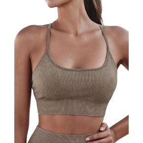 Women's Ribbed Sports Bra, U Neck Padded Crisscross Back, Low Impact Yoga Workout Top in Saudi Arabia