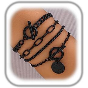 4Pcs Stackable Paperclip Bracelets Set for Women, Gothic Black Coin Bangles Double OT Clasp Toggle Bracelets Vintage Cuba Chain Hand in Saudi Arabia