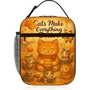 Kids Insulated Cat Lunch Bag, Cute Kitten Lunch Tote for School & Daycare, Wipeable Polyester with PEVA Liner, Leak-Resistant, Front Zipper Pocket & Side Mesh Bottle Holder, 8 x 4 x 10 in in Saudi Arabia