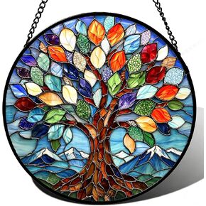 7.8in Stained Glass Window Hanging Colorful Tree of Life Sun Catchers Glass Panel Green Suncatcher Decor for Birthday Gifts for Women, Men, Wife, Aunt, and Mom (Tree-Colorful, 7.8in) in Kuwait