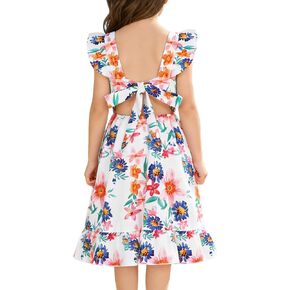Girls Dresses Summer Flower Dress for Kids Ruffle Sleeve Tie Back Backless Floral Casual Sundress in Saudi Arabia