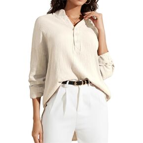 Button V Neck Shirts for Women Causal Long Sleeve Oversized Loose Fit Solid Lightweight Gauze Blouse Tops in Saudi Arabia