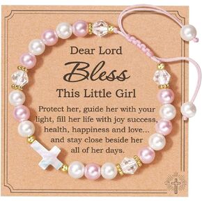 GAUEIOUR Pink White Pearl Bracelet, Women Adjustable Cross Beaded Holy First Communion Baptism Jewelry Gifts, Birthday Easter Religious Christian Jewelry in Saudi Arabia