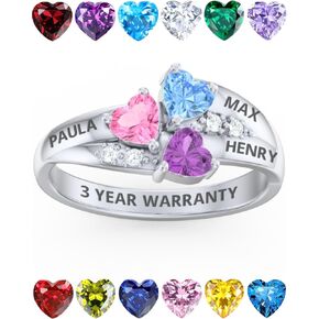 PaulaMax Jewelry Mothers Ring with 3 Birthstones, Custom Engraved Birthstone Ring for Women in Sterling Silver or White Gold – Personalized 3 Heart Birthstones, Sizes 5-12 in Kuwait