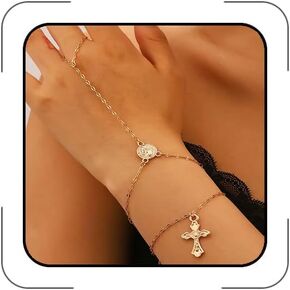 Hand Chain Rings Bracelet for Women – Boho Turquoise Turquoise Western Hand Finger Chain Bracelet Ring Bracelet Set with Heart Pearl Cross Trendy Finger Hand Jewelry Gift in Saudi Arabia