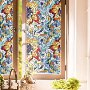 Light Blue Red Orange Floral Stained Glass Window Films Decorative Double-Side Privacy Film Self-Adhesive Static Clings for Living Room Bathroom Glass Windows Decor in Saudi Arabia