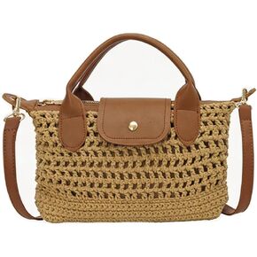 Crochet Tote Bag for Women Small Boho Handbag Leather Trim Crossbody Purse Casual Woven Shoulder Satchel for Summer in Saudi Arabia