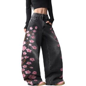 Floral Embroider Baggy Jeans for Women Wide Leg Denim Pants Y2k Hip Hop Loose Long Trousers Streetwear in Saudi Arabia