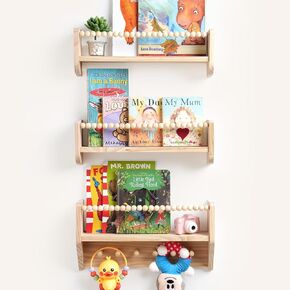 Nursery Floating Shelves for Kids Rooms – 16 Inches Floating Wall Bookshelves, Space - Saving for Kids Room, Bedroom and Study Room,Set of 3 (Pre-Strung Bead Strings) in Saudi Arabia