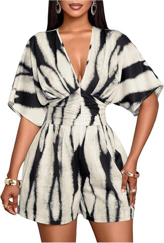 Milumia Women's Stripe Half Sleeve Romper Deep V Neck Smocked Cinched Waist Wide Leg Jumpsuit Shorts in Saudi Arabia